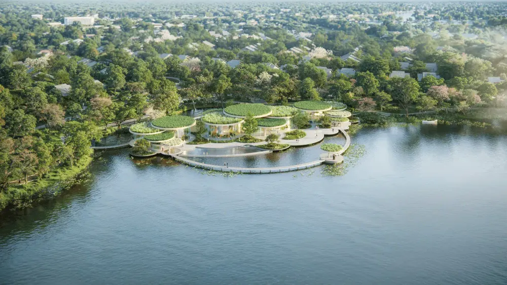 Island Clubhouse - kiệt tác kiến trúc nổi giữa hồ với mái xanh độc đáo tại Eco Retreat