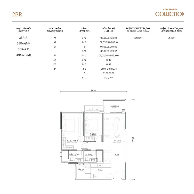 Layout Căn hộ 2 phòng ngủ Orchard Collection
