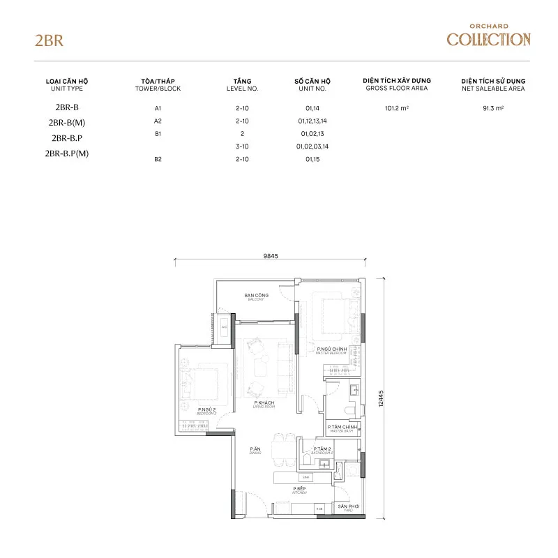Layout Căn hộ 2 phòng ngủ Orchard Collection