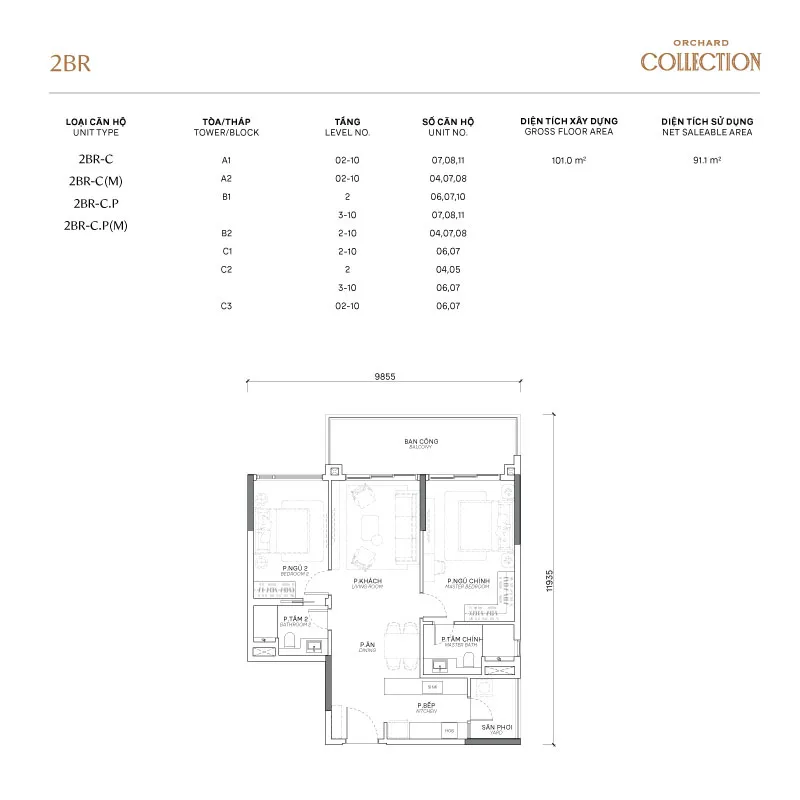 Layout Căn hộ 2 phòng ngủ Orchard Collection