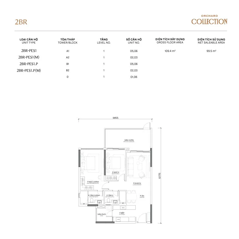 Layout Căn hộ 2 phòng ngủ Orchard Collection