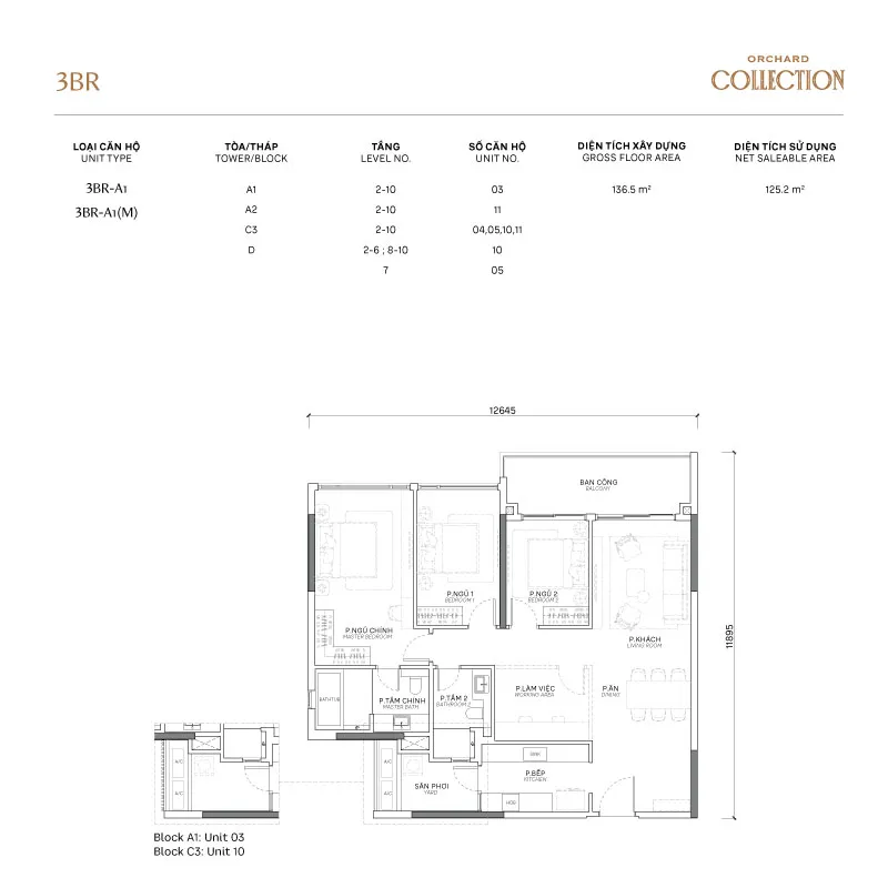 Mặt bằng căn hô điển hình 3 phòng ngủ tạo Orchard Collection