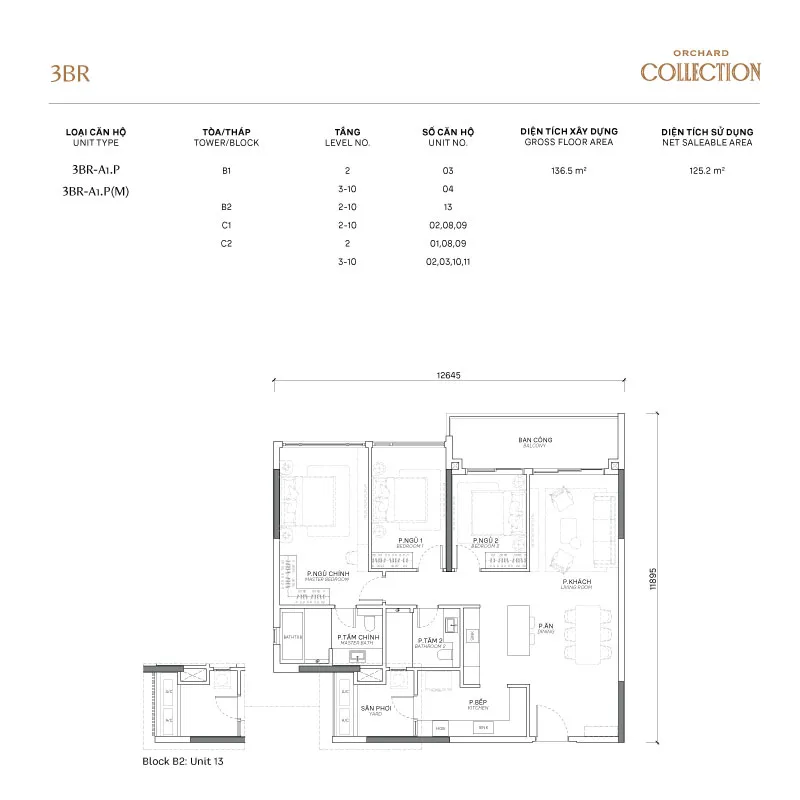 Mặt bằng căn hô điển hình 3 phòng ngủ tạo Orchard Collection