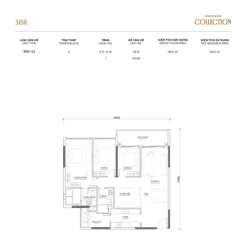 Mặt bằng căn hô điển hình 3 phòng ngủ tạo Orchard Collection