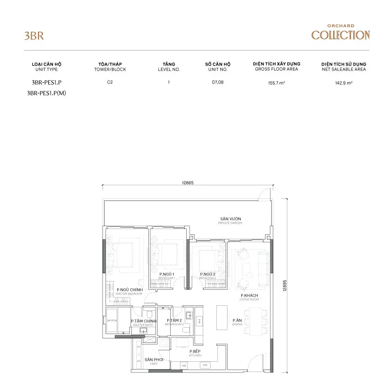 Mặt bằng căn hô điển hình 3 phòng ngủ tạo Orchard Collection