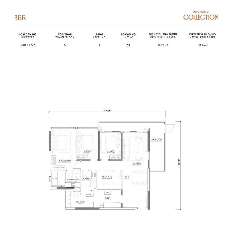 Mặt bằng căn hô điển hình 3 phòng ngủ tạo Orchard Collection