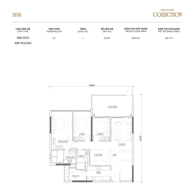 Mặt bằng căn hô điển hình 3 phòng ngủ tạo Orchard Collection