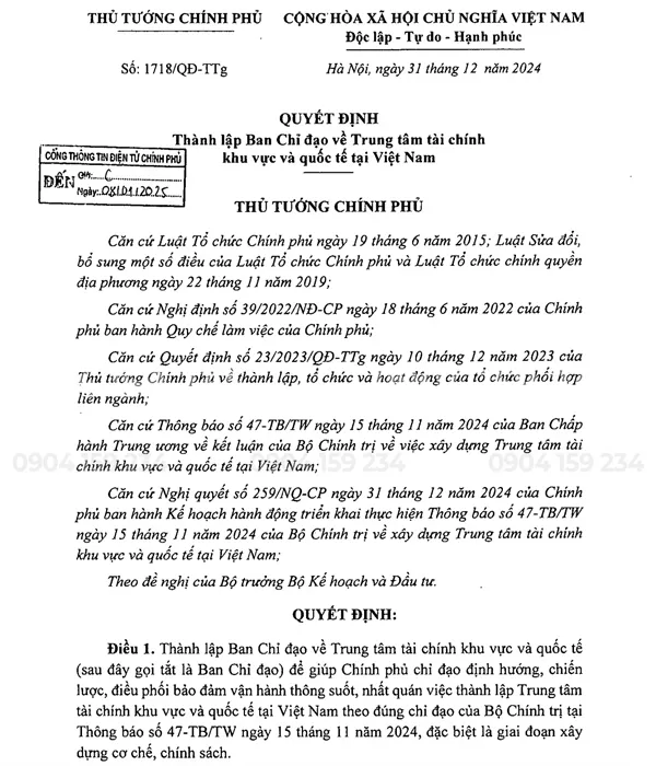 nghi quyet thanh lap ban chi dao xay dung trung tam tai chinh quoc te