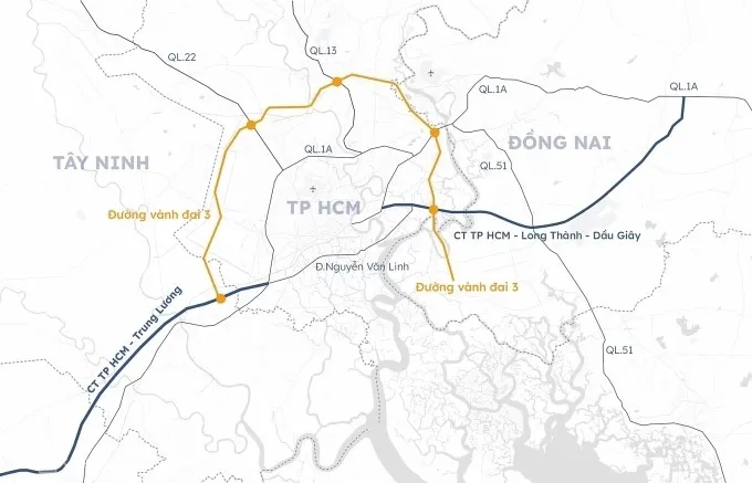 Hướng tuyến Vành đai 3 TP HCM, đoạn ngắt quãng thuộc tuyến Bến Lức - Long Thành. Đồ họa: Khánh Hoàng