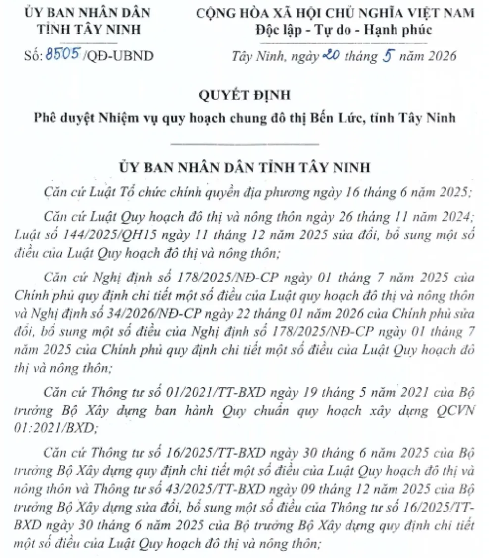 Quyết định phê duyệt nhiệm vụ quy hoạch chung đô thị Bến Lức tỉnh Tây Ninh