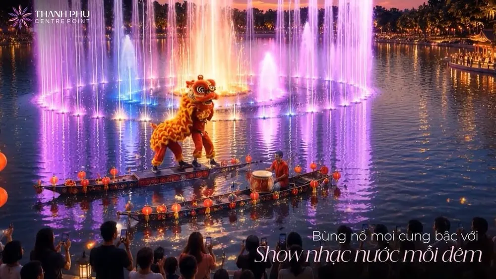 Không gian rực rỡ của show nhạc nước và quảng trường sự kiện ban đêm tại Thanh Phú Centre Point