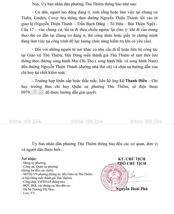 Văn bản thông báo từ Ủy Ban Nhân Dân phường Thủ Thiêm về việc bắn pháo hoa