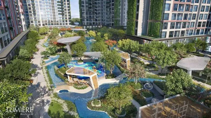 Vườn xanh phủ kín khắp nơi tạo cảm giác kết nối với tự nhiên tại Lumière Boulevard.